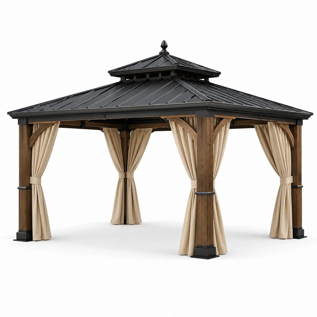 Pavillon mit Stahl Dach und Eichenholzrahmen, Polyester Vorhänge 400x300x300 cm