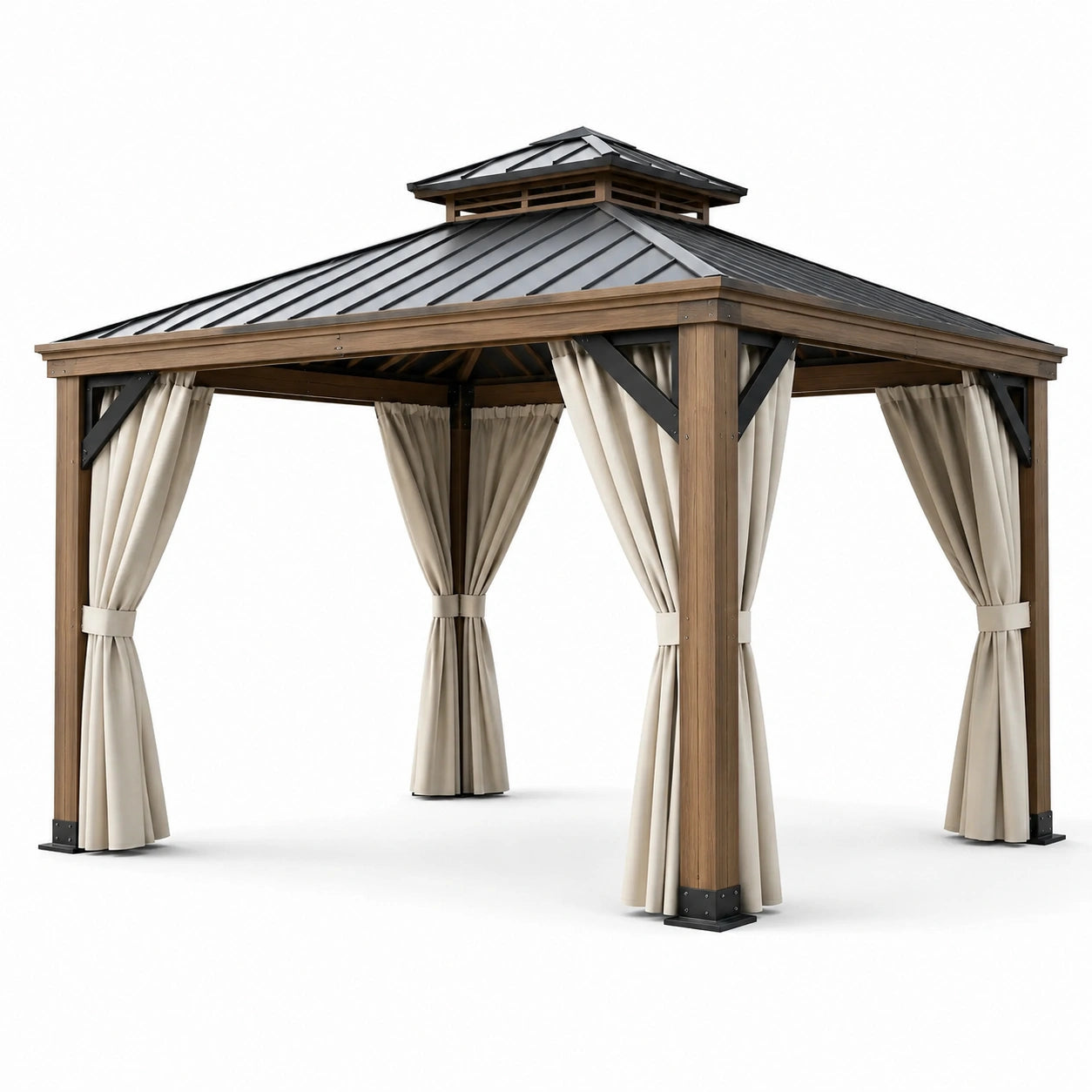 Pavillon aus Aluminium mit Holzoptik und Polyester-Bezug Beige 3x3x2.6m