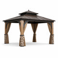 Pavillon aus Metall und Holz mit Polyester-Vorhängen 300x300x300 cm Braun