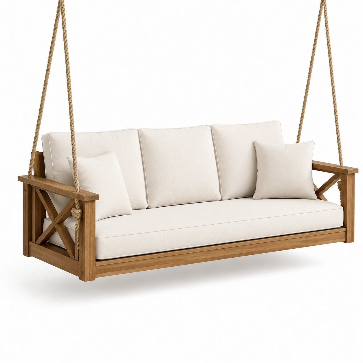 Teakholz Schaukelbank mit Seilen und Kissen, 200x85x75 cm