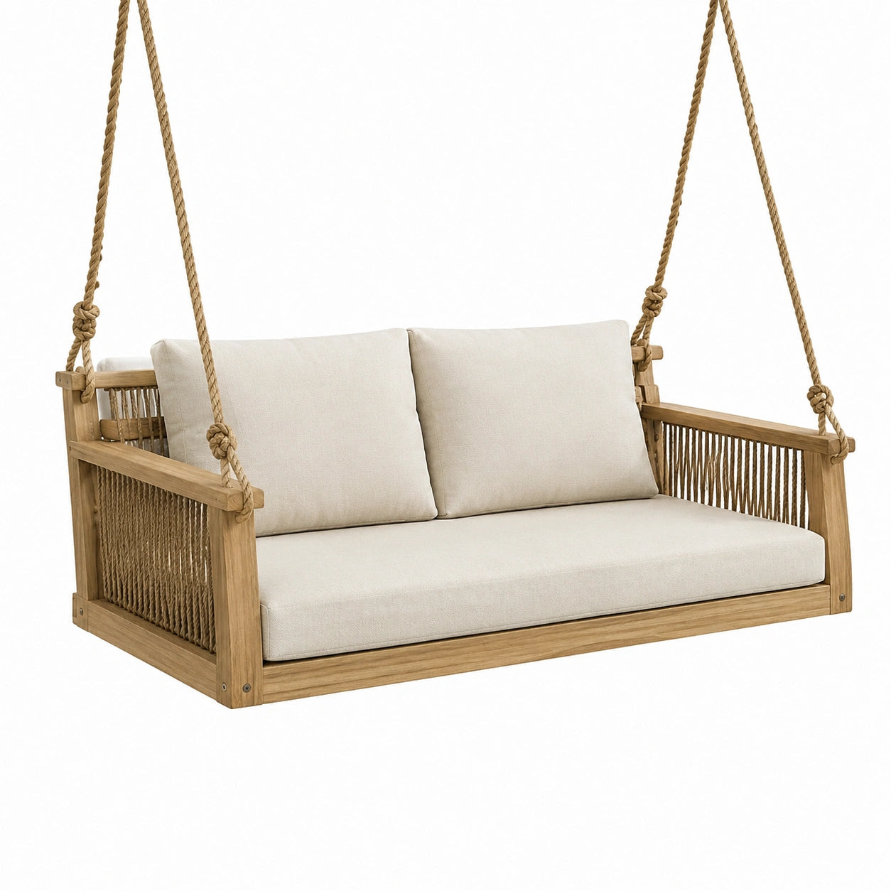 Teakholz Schaukelbank mit Baumwollpolsterung Beige