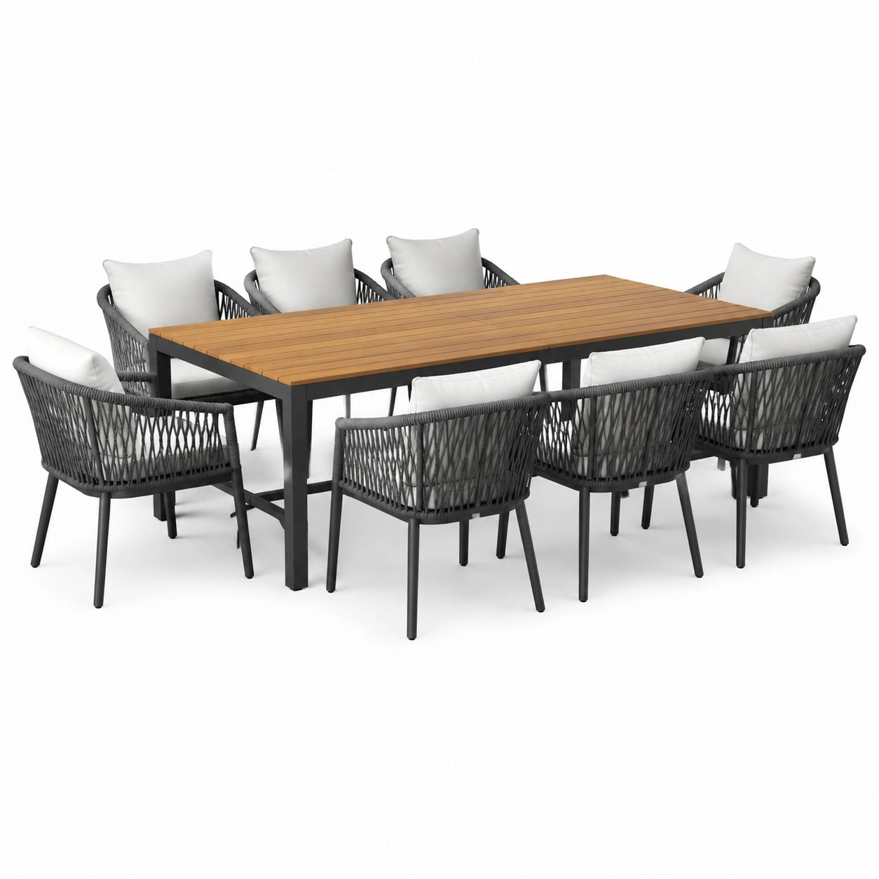 Garten-Essgruppe Akazienholz Tisch mit Aluminiumrahmen und 8 Stühle mit Seilbespannung