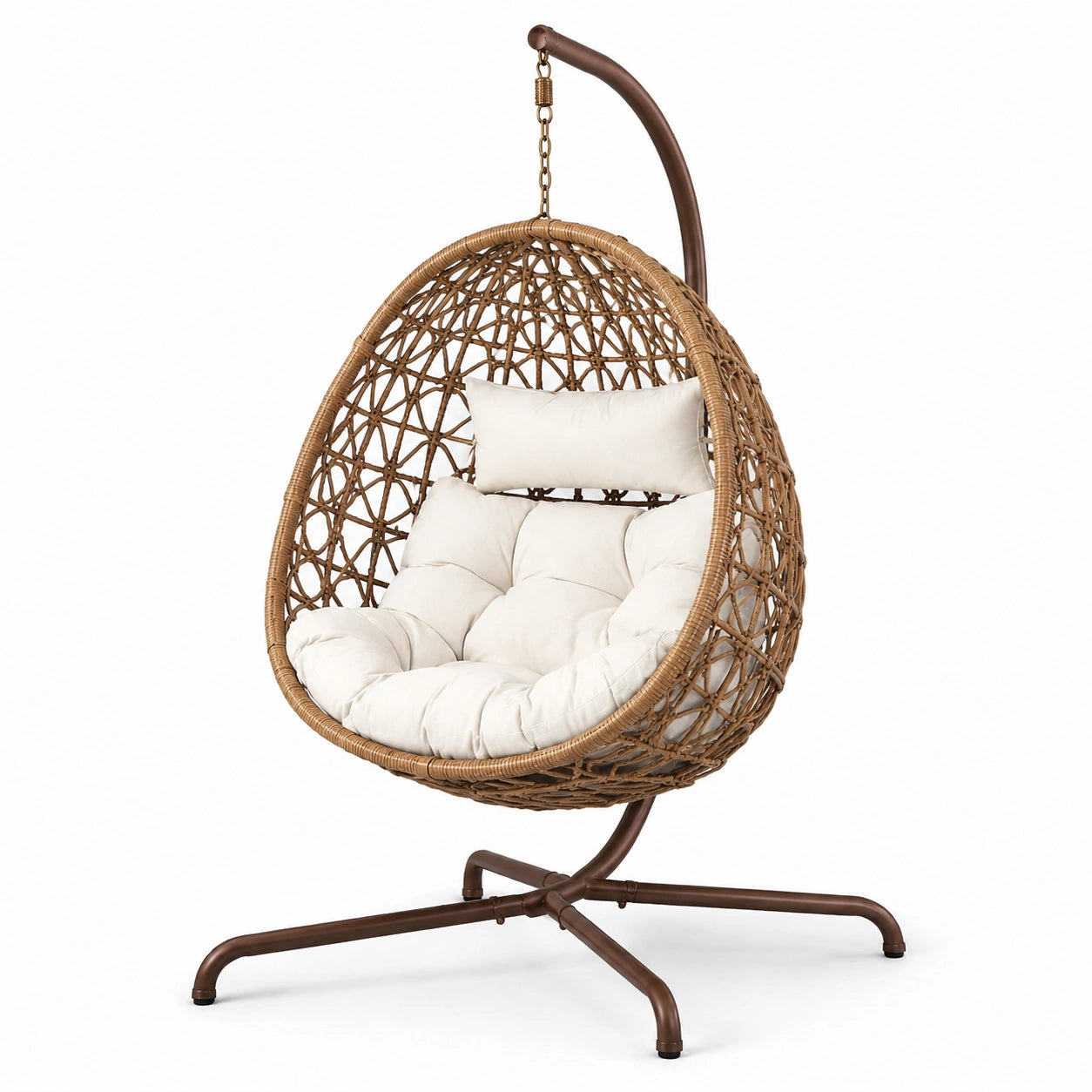 Hängesessel aus Rattan Braun mit cremefarbenem Kissen