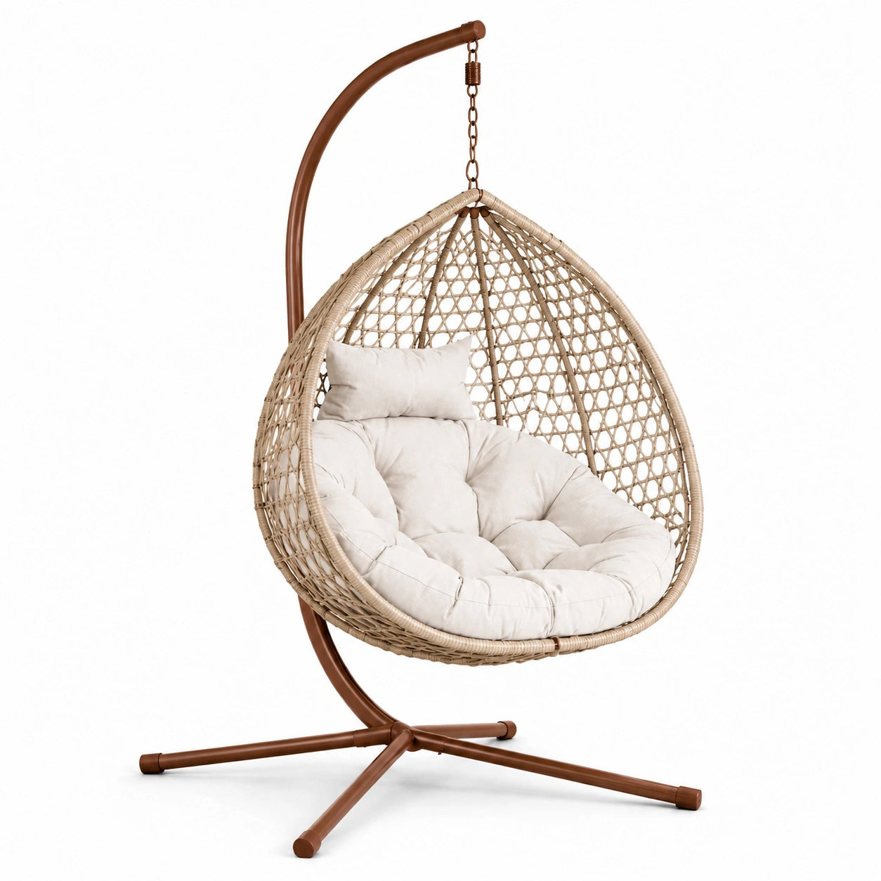 Rattan Hängesessel mit Stahlgestell und Kissen, Beige/Braun